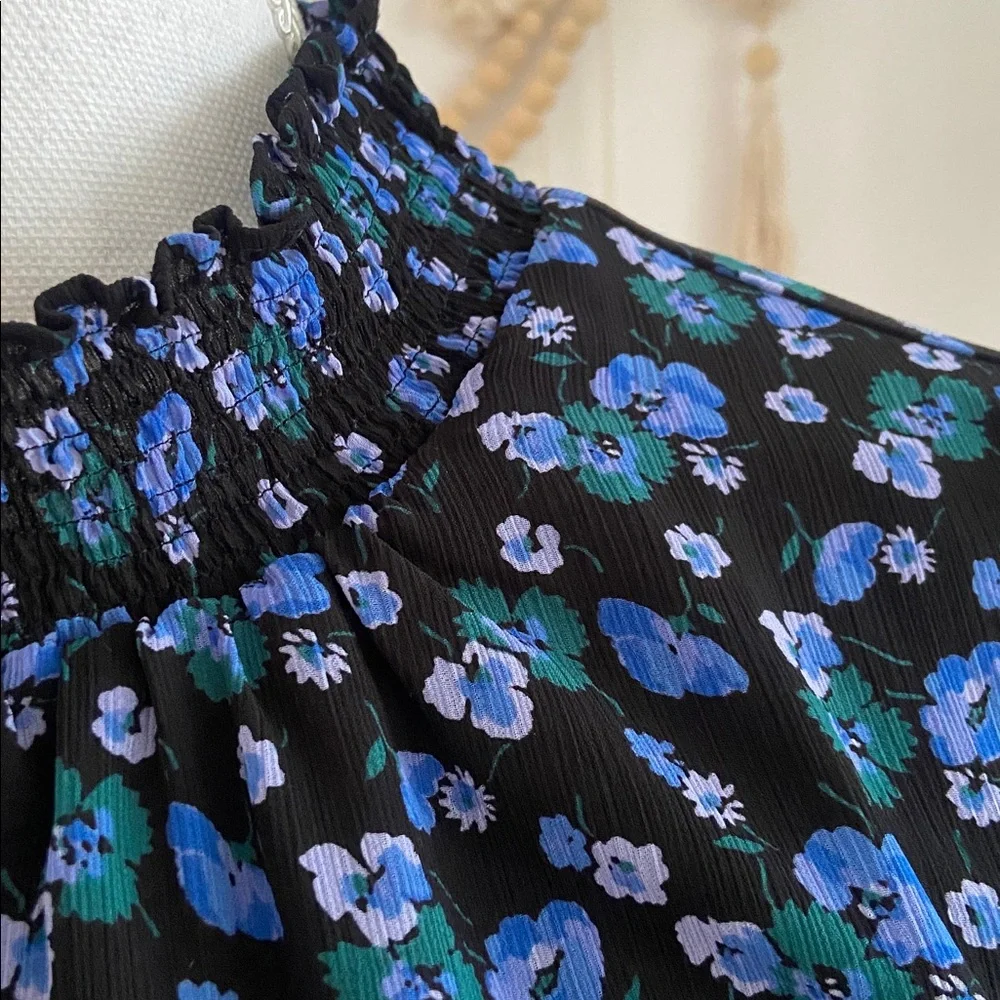 J. Crew mock neck smocked blouse top black & blue floral print crepe spring M